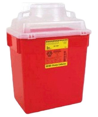 Sharps Container Clear Top Large Funnel Nestable BD™ 17-1/2 H X 12-4/5 W X 8-4/5 D Inch 6 Gallon Red Base / Clear Lid Vertical Entry Hinged Snap On Lid (1/EA 12/CS) by BD  ID 305465